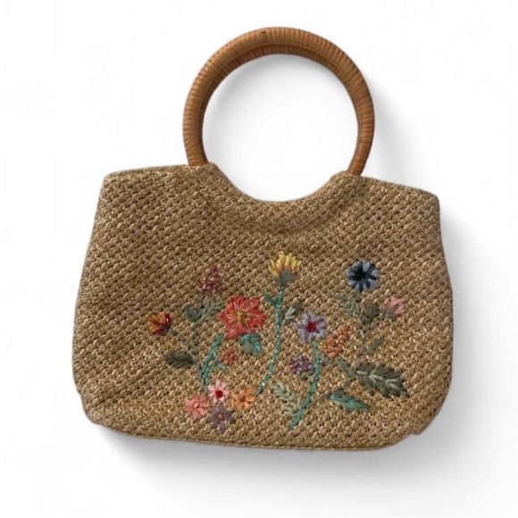 Vintage Boho Cottagecore Floral Straw Tote Bag Wooden Handles OS - Picture 1 of 5